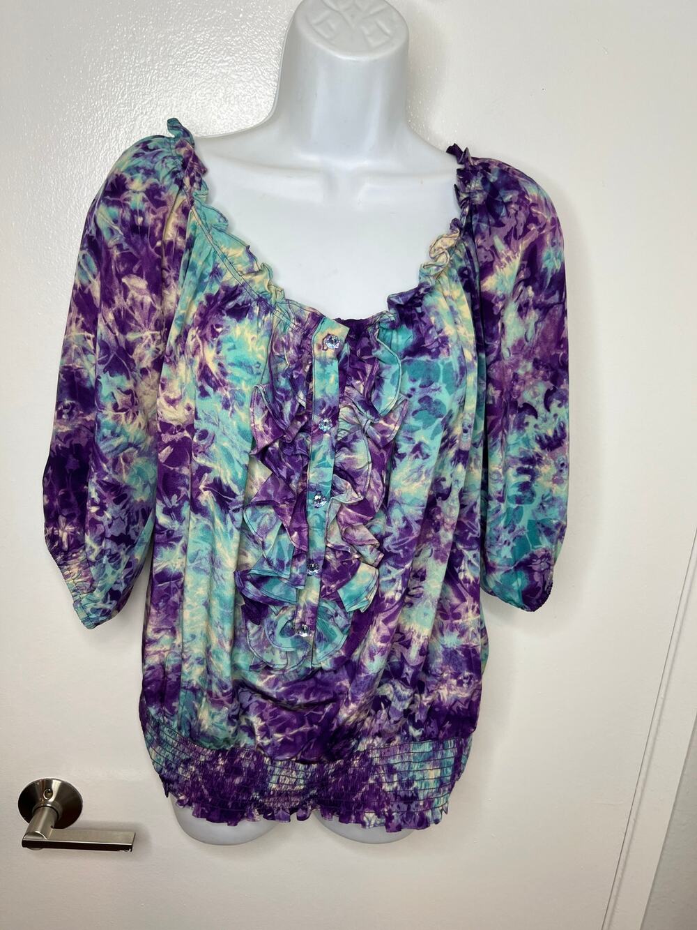 Karen Kane Women's 100% Silk Ruffle Smocked Blouse Purple Blue ~ Size L